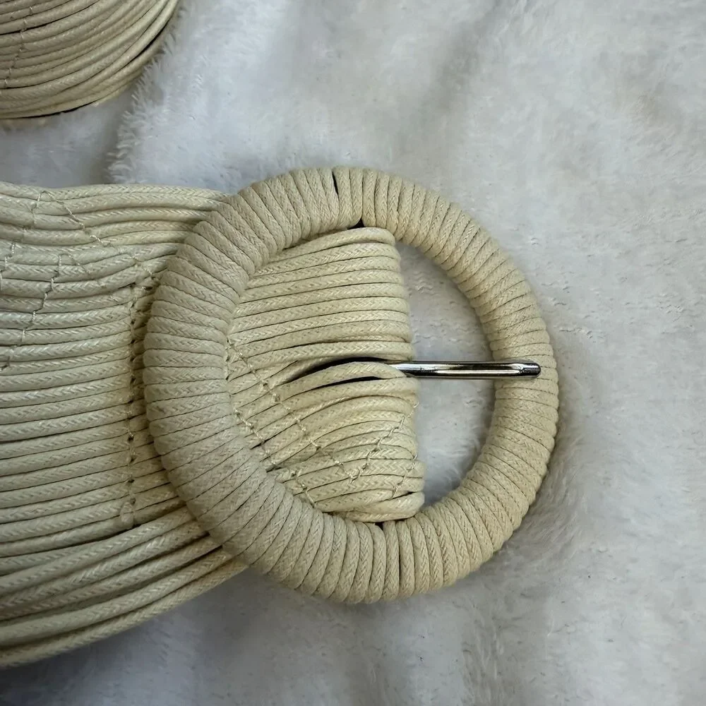 Coldwater Creek Ivory Wide Woven Cotton Belt Faux‎ Leather Accents Statement S/M